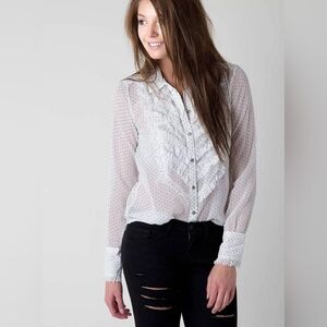Free People - Polka Dot Dotty Fringe Tux Chiffon Sheer Button Down Blouse - S
